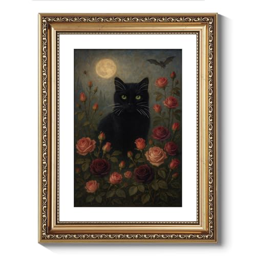 VIYYIEA Vintage Gold Framed Wall Art for Living Room, Black Cat Artwork Prints Decor, Gothic Magicalism Wall Decor, Gallery Picture Painting, for Bedroom Bathroom Kitchen 16L x 13W Deal