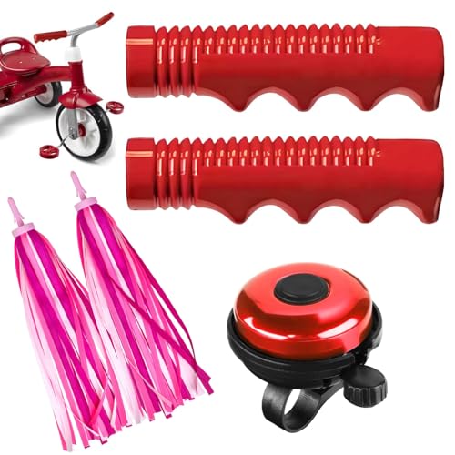 Grips Compatible with Radio Flyer Tricycle, 3/4 Inch Bicycle Grip, Kids Non-Slip-Bicycle Handlebar Grips, 1 Pair Red Tricycle HandlebarGrips and Classic Bike Bell and Bike Streamers Bike Tassels