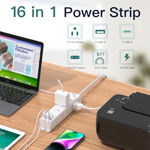 Image of Power Strip Surge Protector with 12 AC Outlets 4 USB, 5FT Extension Cord | Flat Plug Wall Mount, 1050J Overload Protection, Desk Charging Station for Home Dorm Room Office Essentials, ETL Listed