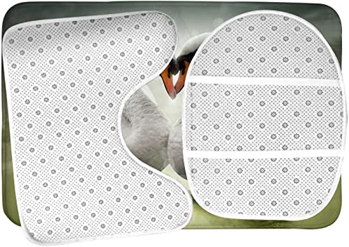 Badezimmerteppich-Set, 3-teilig, Zwei verliebte Schwäne im grünen Wasser des Teichs, waschbarer Badeteppich, rutschfest, mit Rückenpolster, Konturteppich und Toilettendeckelbezug – Bild 6