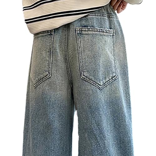 Tweens Denim Pants for Girls, Rivet Details Wide Leg Jeans, Gradient Elastic Wasit Baggy Jeans with Five Pockets4