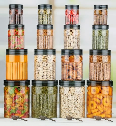 Image of pet Food Storage Containers Set with Airtight Lids, Kitchen Organisation Jars for Pasta, Spices, Dry Goods, Stackable (16 Pcs BLACK)
