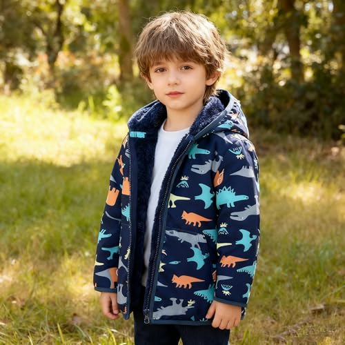 Feidoog Toddler Fleece Jacket Baby Boys Girls Hooded Waterproof Zipper Long Sleeve Thick Warm Outerwear,DinosaurB,5-6T