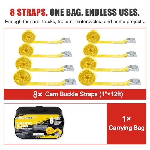 AWELCRAFT Lashing Tie Down Straps 8 Pack,1in x 12ft Cam Buckle Straps,600lbs Breaking Strength with Carrying Bag for Moving Straps Motorcycle Cargo Kayak Bike(Yellow) by AWELCRAFT - Image 7