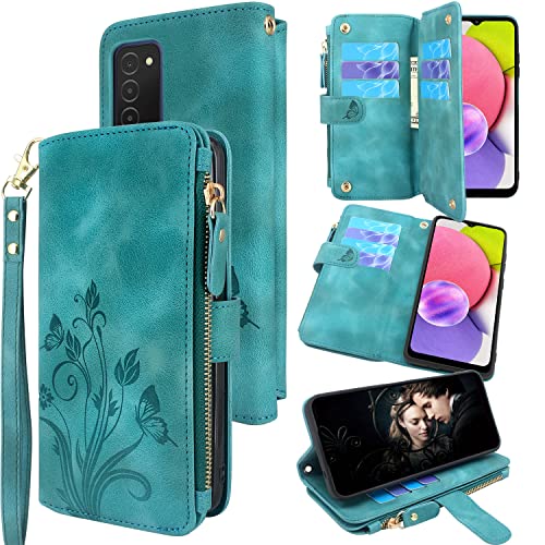 Lacass [Cards Theft Scan Protection 10 Card Slots Holder Zipper Pocket Wallet Case Flip Leather Cover Wrist Strap Stand Carrying Pouch for Samsung Galaxy A03S A02S(Floral Blue Green)