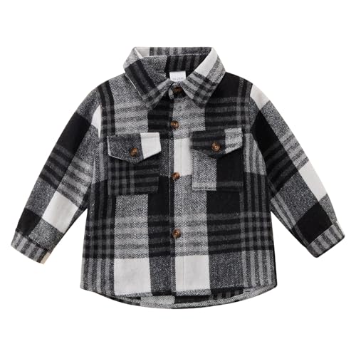 Image of Toddler Baby Boys Girls Jacket Coat Long Sleeve Plaid Thicked Flannel Button-down Shirts Little Kids Fall Winter Dress Clothes 1-5 Years