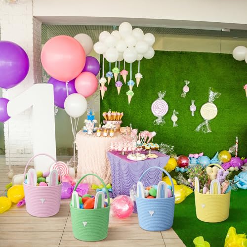 Image of Suzile 4 Pcs Easter Basket with Bunny Ears for Kids Cotton Woven Easter Egg Hunting Rabbit Shape Basket for Children Kids Babies Party Gifts, 9.8 x 7.8 x 7.8