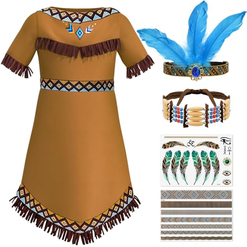 Tacobear Déguisement Indien Enfant Robe Indien avec Bandeau Plume Collier Ras du Cou Tatouage Déguisement Indienne Fille Costume pour Carnaval Halloween Noël (150, 9-10 Ans)