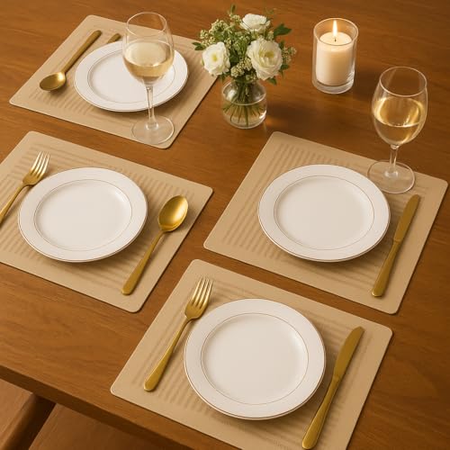 Image of YELONA Leather Dining Table Placemats Set of 2 - Waterproof, Heat Resistant, Anti-Slip, Easy to Clean Table Mats for Dining Table, Kitchen & Home Decor (Tan Beige, 40 x 30 cm)