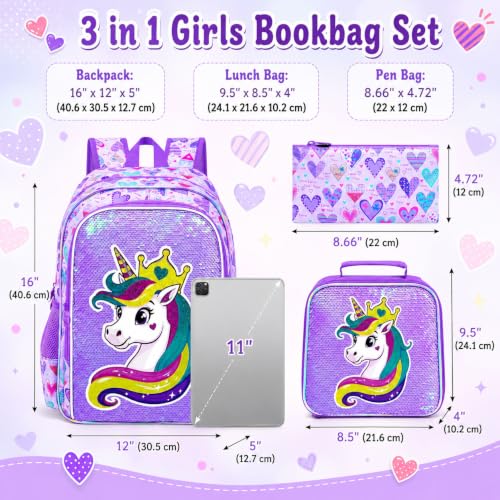 Image of 3Pcs Unicorn Backpack for Girls, 16 inch Sequin Bookbag Set for Kids, Elementary Preschool Preschool School Backpacks with Lunch Box (Purple)