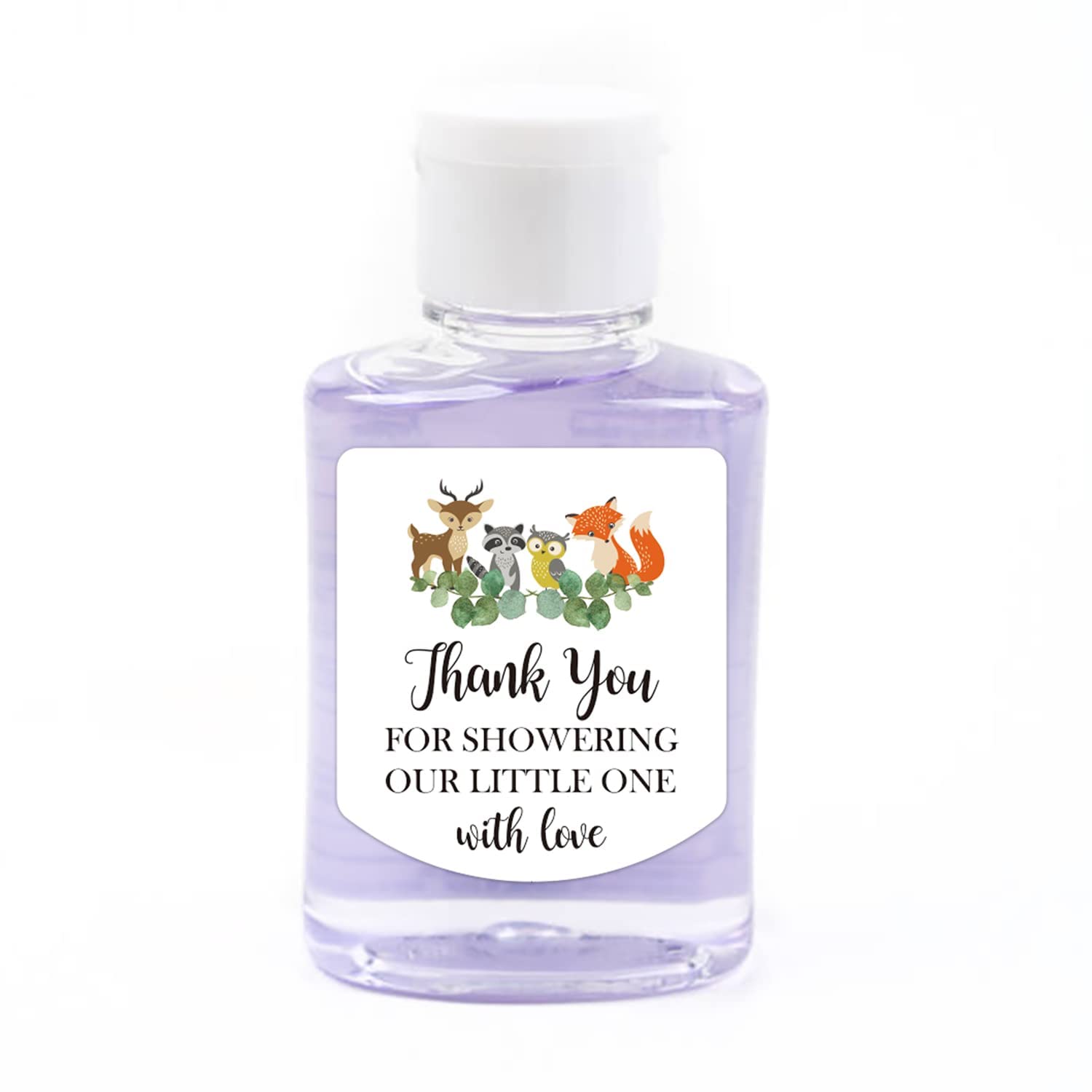 Etichette disinfettanti per le mani con scritta "Thank You for Showering Our Little One with Love", adesivi per bomboniere per baby shower, bomboniere safari, colore verde, 3,2 x 3,5 cm