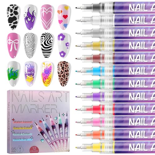 EBANKU 12 Couleurs 3D Stylo Nail Art Graffiti Pen, 0.5mm Stylo Vernis à Ongles Pointes Fines, DIY Manucure Décoration Dotting Pen Beauté Orner Outils de Manucure pour...