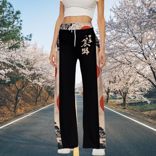 MARSVOVO Palazzo Pants for Women Wide Leg with Pockets Novelty Print High Waisted Drawstring Vintage Japanese Pants3