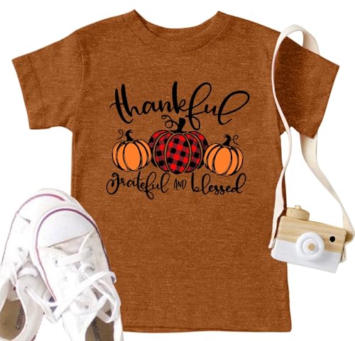 Kids Thanksgiving Shirts for Boy Girl Fall T-Shirt Pumpkin Graphic Thankful Grateful Youth Tee Tops 8-14 Years4
