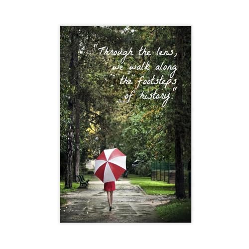 Poster femme robe rouge parapluie bois grand format toile