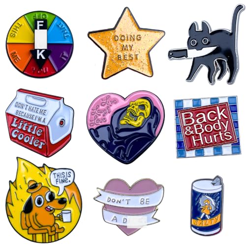 9PC Funny Enamel Pins Pack Cute Cool Fun Pin for Lapel Backpack Jacket Hat Bag Adult Teens Girls Boys, Small Buttons Unique Novelty Mood Assorted Cartoon Cheap Bulk Craft Supply Accessories Gifts