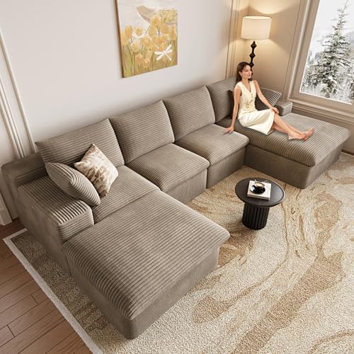 Image of 136 inch W Cloud Couch Modular Sectional Sofa for Living Room, U-Shape Boneless Couch with Deep Seat, Modern Corduroy 4-Seater with Ottoman, No Assembly Required (Camel Brown,Right-Facing Chaise)