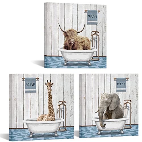 3 Stück Vintage Tier Wandkunst Lustige Elefant Giraffe und Highland Kuh in Badewanne Leinwandbilder für Badezimmer Dekor fertig zum Aufhängen Jede Größe 30,5 x 30,5 cm (klein) Cover