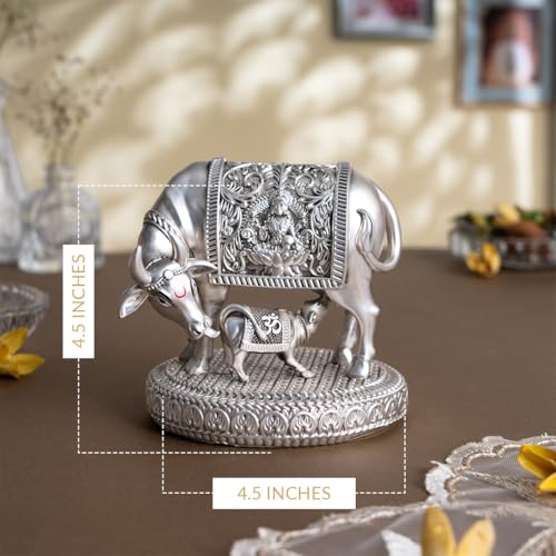 Image of Svastika 999 Silver Plated Kamdhenu Cow with Calf Idol | 4.5 Inch Premium Kamadhenu Vastu Showpiece | Gift Boxed | Wedding Housewarming for Couples