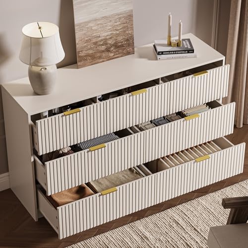 Image of MAISONARIA 56 inch Wide Fluted 7-Drawer Dresser for Bedroom, Beige