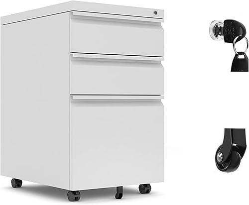 Archivador de 3 cajones con ruedas, archivadores móviles rodantes debajo del escritorio para oficina en casa, las ruedas necesitan montarse (blanco)