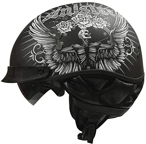 LXHCD Casco De Motocicleta Fibra De Carbono Medio Casco Skull Cap Bowl Casco con Bufanda Aprobado por Dot/ECE Moda Retro Portátil Hebilla Rápida Personalidad Cool Hombres Mujeres 3,M(55-56CM)