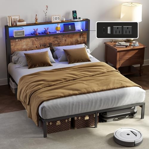 Image of Full Size Bed Frame with Headboard, Metal Platform Bed Frame with LED Lights & Charging Station, Under Bed Storage, Solid and Stable, No Box Spring Needed, Noise Free, Easy Assembly, Vintage Brown