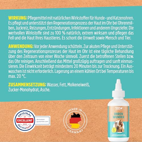 Green Hero Ohrentropfen 200 ml | Bei Ohrmilben und Entzündungen für Katze und Hund unterstützt die Ohrenpflege, den Regenerationsprozess der Haut | Mittel gegen Juckreiz bei Hefepilz & Ohrenentzündung