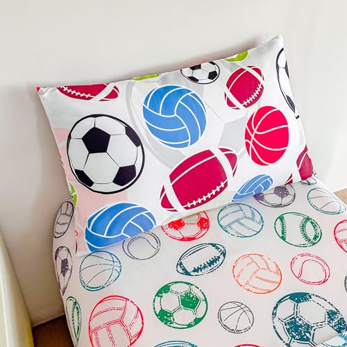 Image of Tailor Shop 4 Pieces Toddler Bedding for Boys Toddler Basketball Football Baseball Comforter Includes Quilted Comforter Fitted Sheet Top Sheet and Pillow Case