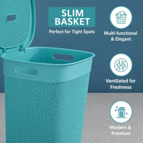 Image of KITCHIVO Plastic Large 55 Ltr Laundry Basket with Lid & Handle | Multipurpose Hamper Bins Storing Washable Clothes, Blankets | Household Ideal for Home & Bathroom (Woods Firoza)