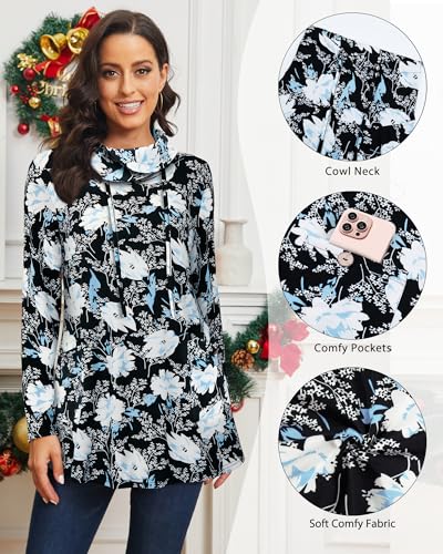 Bulotus Fall Sweaters for Women 2025 Cowl Neck Asymmetrical Long Tunics for Leggings Vacation Travel Tops with Pockets