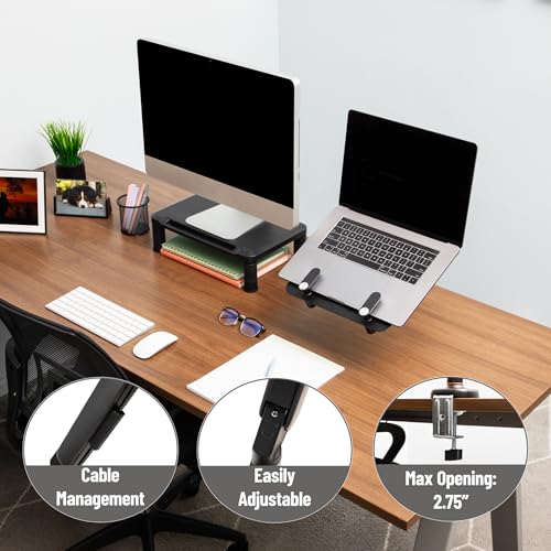 Image of Mind Reader Gas Spring Laptop Desk Mount, Fits 11.6-17.3 inch Laptops or Monitors, 180 Rotate, 13.2 lb Capacity, Single Arm with Integrated Cable Management, Adjustable Tilt /Swivel, Black