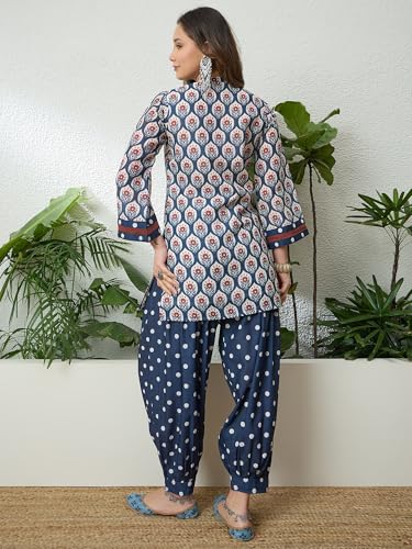 Image of EthnicJunction Women's Linen Floral Print Summer Wear Straight Short Kurti with Afghani Pant Set | Co Ord Set for Women Stylish | Fusion wear Women