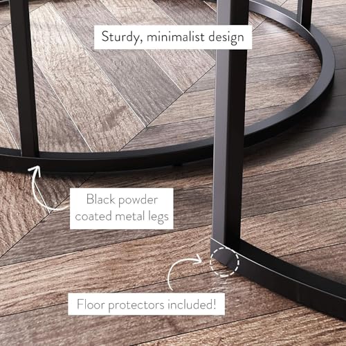 Image of Elegance Iron & Wooden Round Retro Golden Side Tables - Night Stand, Bedside, Sofa Side, Coffee, Centre, Nesting and Bar Table Set of 2 (Black & Natural)