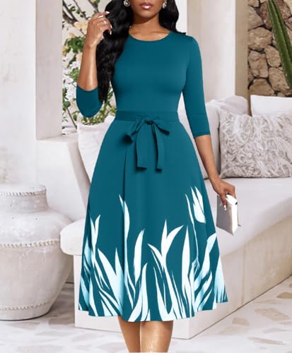 Image of Casual Dresses for Women Midi Church A-Line Fit and Flare Dress Crewneck 3 /4 Sleeve Party Dress