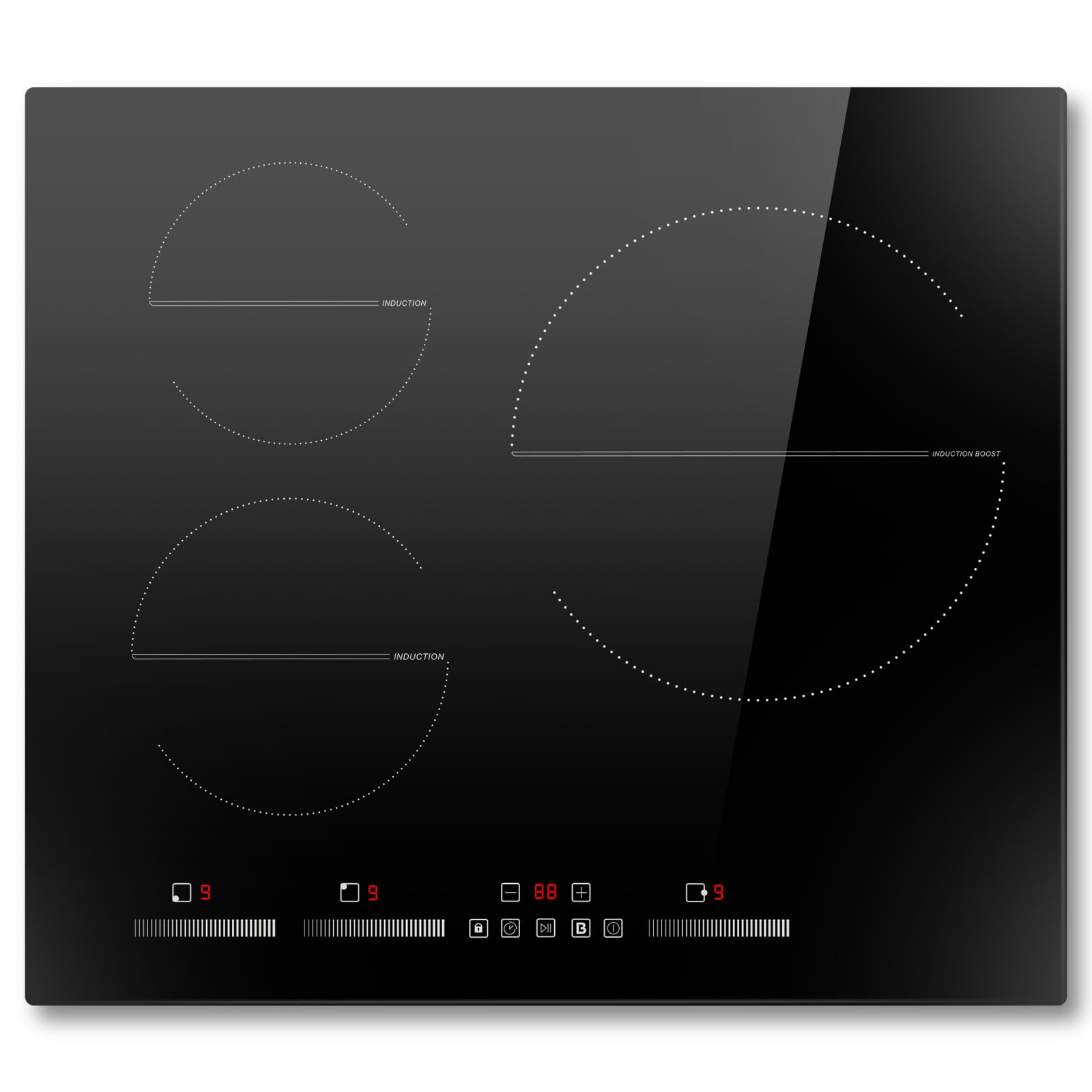 Placa inducción 3 Fuegos 6500w, 60cm, Vitroceramica Induccion Empotrable de Función Boost, con 9 Niveles de Potencia, Temporizador, Función de Pausa, Bloqueo de Seguridad, Encimera Induccion 220V~240V