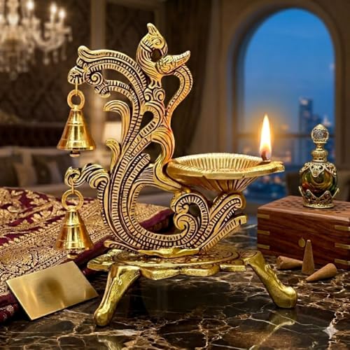 Image of Saudeep India Oxidized Metal Diya for Puja | Brass Oil Diwali Lamp in Peacock Design Perfect Gift Item | Antique Decorative Akhand Diya Home Decor Temple Pooja Room 14x9x20cm (Single Export Quality)
