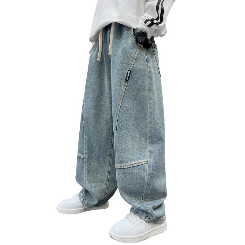 Boys Y2K Relaxed Straight Leg Wide Leg Stretch Elastic Elastic Waist Drawstring Jeans - Main Image