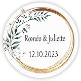 MameArt 50stk 4cm Personalisiert Hochzeit Aufkleber, mit Namen und Datum Sticker für Gastgeschenk Taufe Kommunion Geburtstag Feste Geschenke Präsente (Kranz J), 3AL0101A