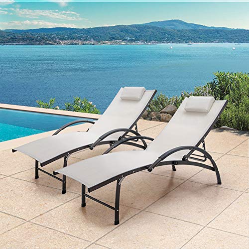 Crestlive Products Outdoor Reclining Chaise Lounge Chair, Aluminum Adjustable Portable Sun Tanning Lounge Chair, All Weather Furniture in Brown Finish for Lawn, Beach, Patio, Deck, Poolside (2PCS Tan)