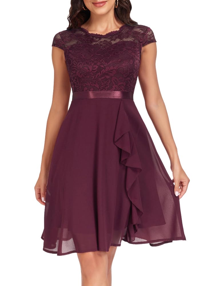 shownicer Abito Cocktail Donna Elegante Abito Cerimonia Maniche Corte Vestito in Chiffon Vita Alta Vestiti in Pizzo