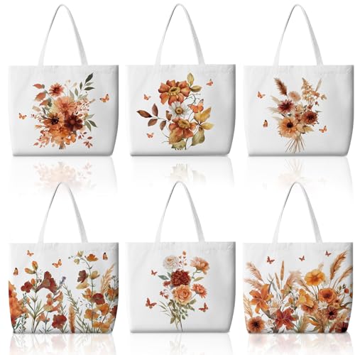 Bencailor 6 Pcs Fall Flower Canvas Tote Bags Bulk Thanksgiving Tote Bags for Women Reusable Autumn Wildflowers Handbag for Grocery Shopping Fall Gifts