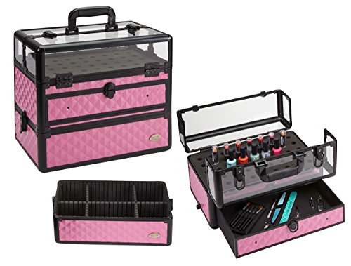 Seya Professional 45 Nail Polish Clear Panel Makeup Artist Organizer Cosmetic Case w/Slide Out Drawer - Pink Diamond