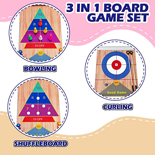 Jstfru Portable Indoor Shuffleboard Table Game, Curling Game And Bowling Game 3 In 1 Board Game Set,With 11.7 Foot Game Mat,2 Cues,8 Curling Rocks,6 Bowling Pins,Fun Family Game #TOP1