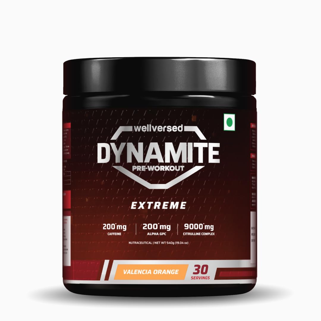 Wellversed Dynamite Pre-Workout EXTREME | Valencia Orange | High-Stim Pre-Workout for Hardcore Athletes | 9000mg Citrulline Complex | 200mg Alpha GPC | 200mg Caffeine | Not For Beginners (30 Servings)