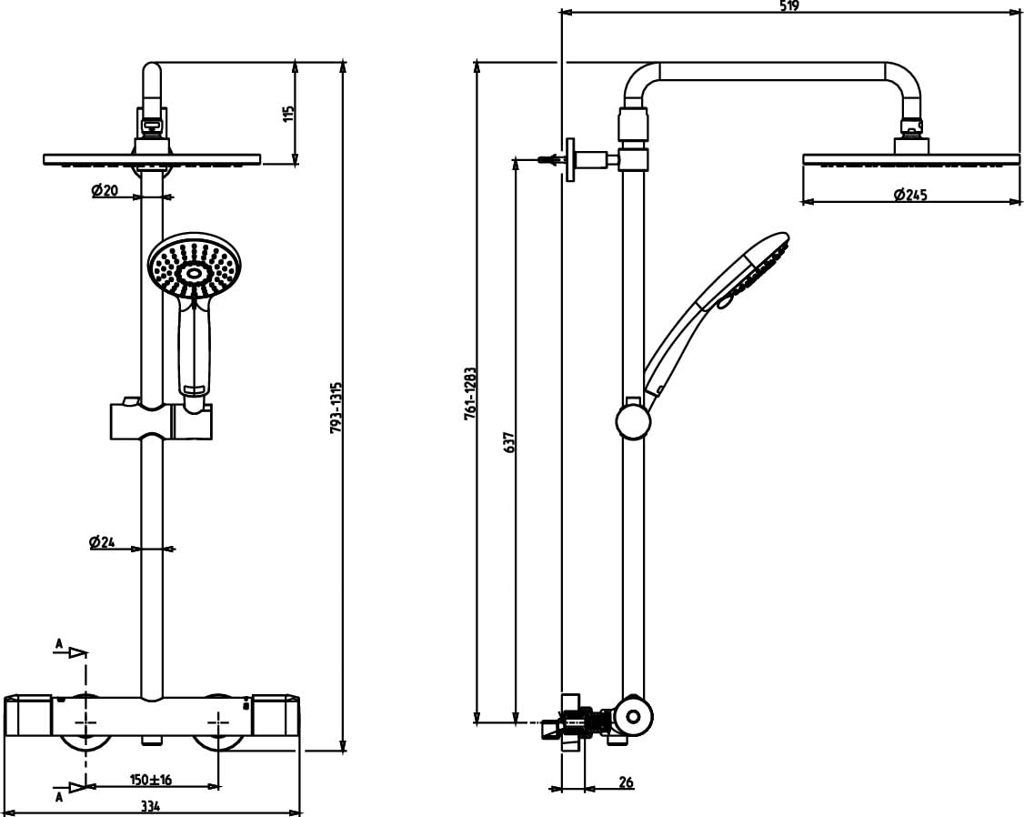Jacob Delafon Colonne de Douche Thermostatique Juliette, Tête 25cm, Chrome | Butée anti-brulure 38°C. Canne réglable. Douchette 3 Jets. Débit 10L/min