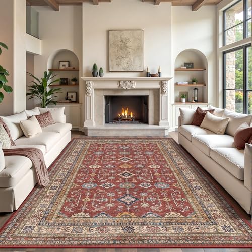 Rugland 8x10 Area Rugs - Stain Resistant Washable Rug, Anti Slip Backing Rugs for Living Room, Vintage Tribal Area Rugs (TPR10-Burgundy, 8'x10')