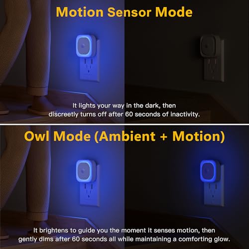Image of YUNLEX 2 Pack Plug in Night Light with Motion Sensor & Dusk to Dawn Sensor, 3 in 1 Blue Night Lights Plug into Wall, Dimmable Nightlight for Bathroom, Bedroom