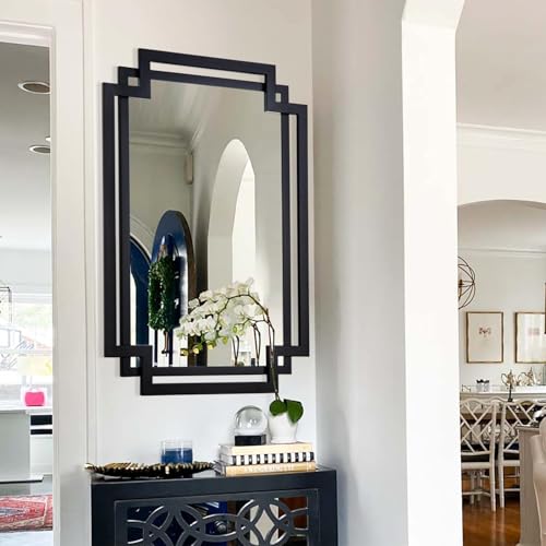 Image of 28 inch x 40 inch Black Wall Mirror for Decor with Geometric Metal Frame | Rectangular Large Bathroom Mirror with Irregular Metal Pipe, Modern Accent Mirror for Entryway, Dining Room, Fireplace
