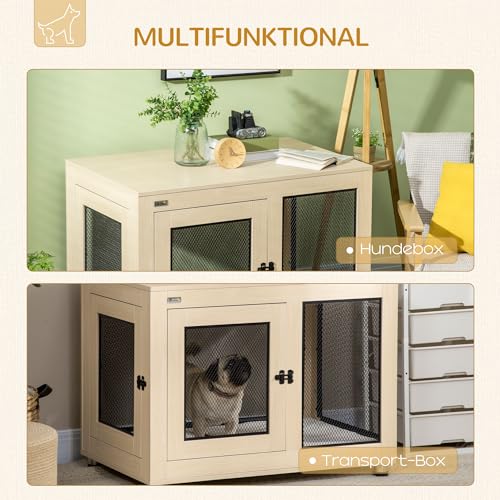 PawHut Hundekäfig Möbel mit 2 Türen waschbaren Kissen Moderne Stahl Hundebox für Zuhause Indoor Hundehütte für große Hunde bis zu 30 kg Hundehaus 94x60x71,5 cm Eiche